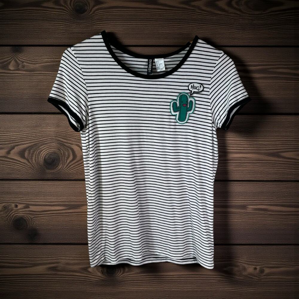 Y2K H&M Womens Cactus Modal Blend Short Sleeve Striped T Shirt Black S Indie Pop